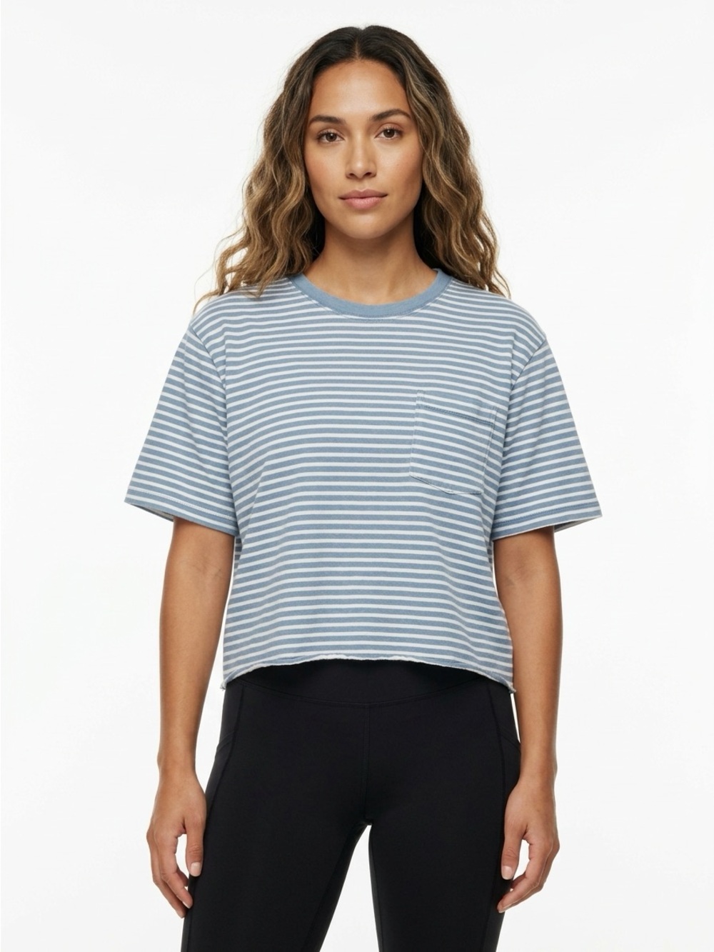 Patagonia Cropped Raw Hem Pocket Tee Striped Blue White L XL